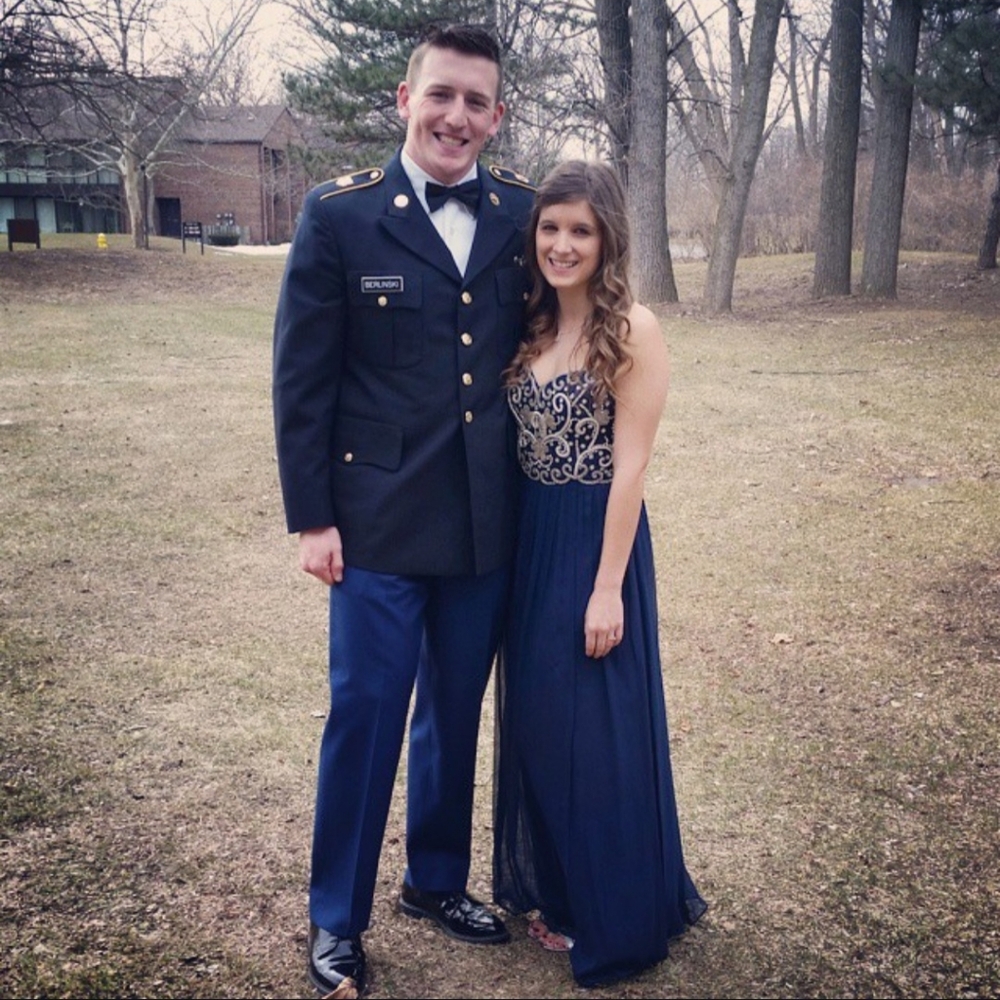 Navy Beaded Strapless Formal Dress